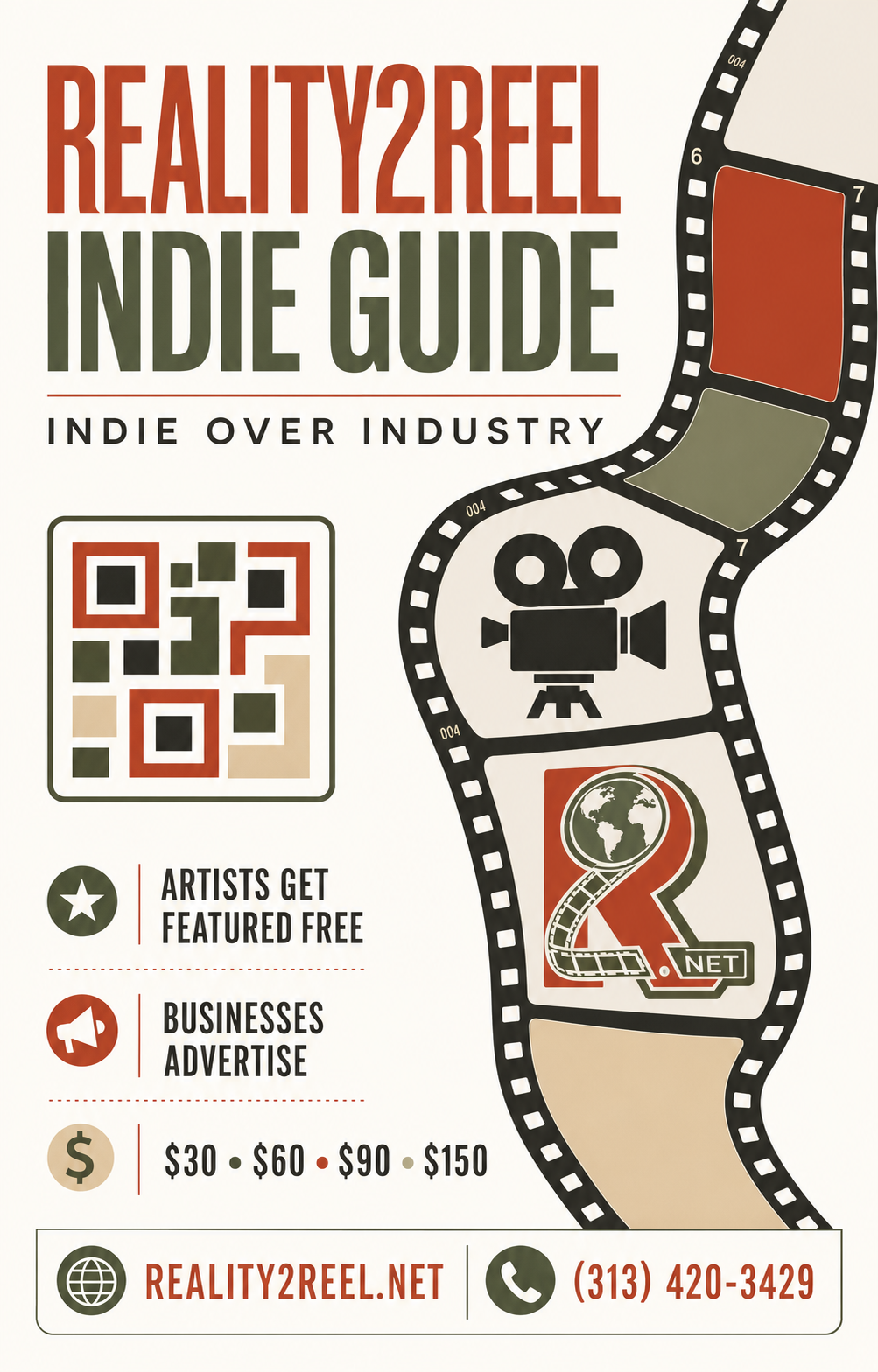 Reality2Reel Indie Guide advertising options: artists featured free and business ads from thirty to one hundred fifty dollars